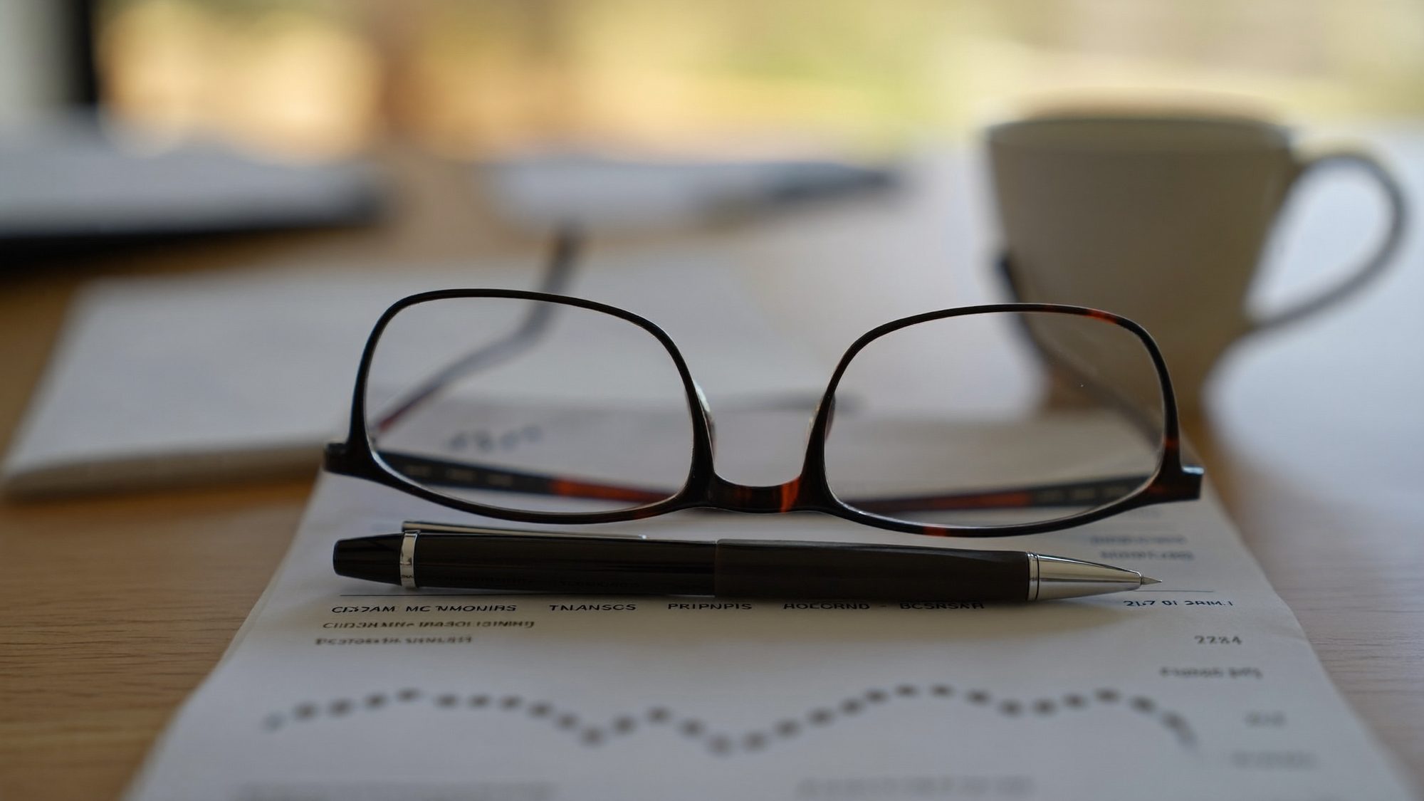 Reading glasses and a pen resting on a 401k retirement account statement on a desk, illustrating using retirement savings to pay for long-term care