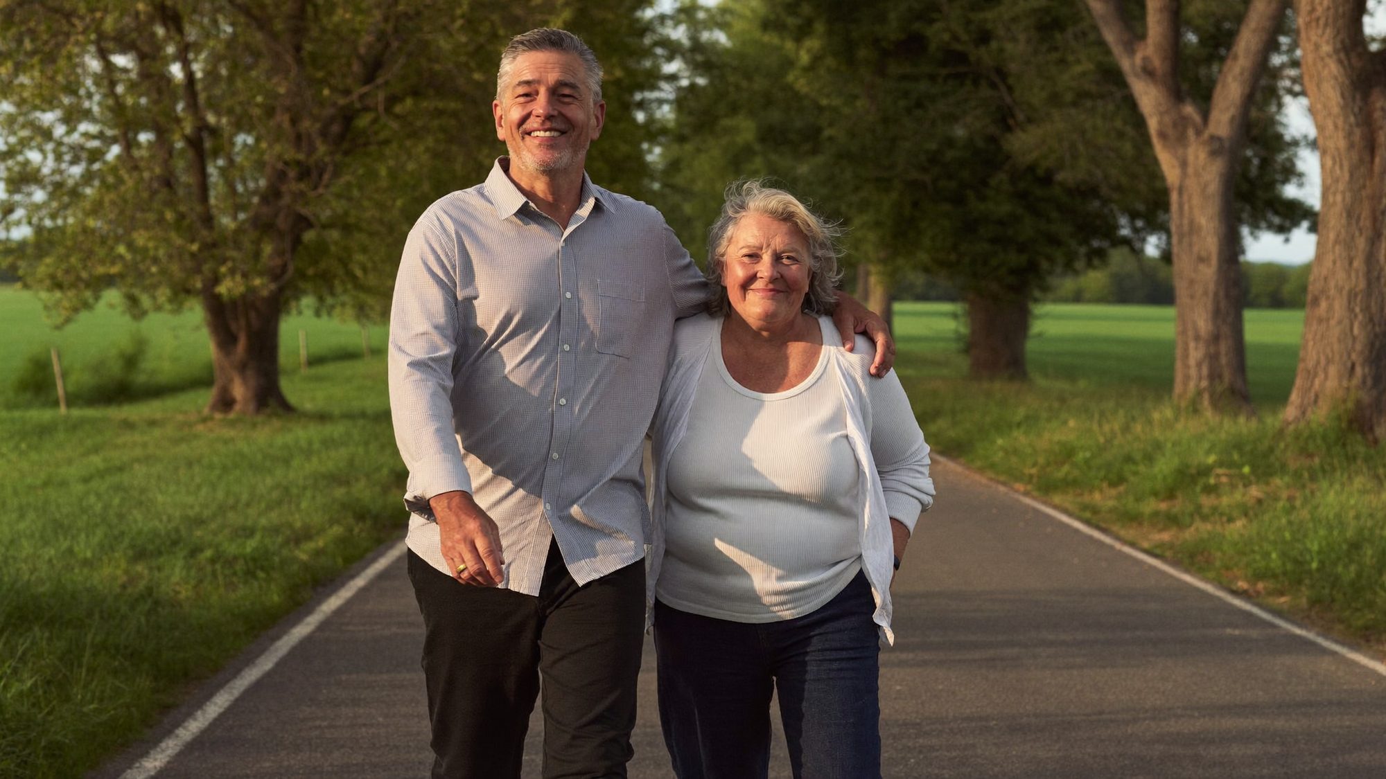 Healthy older Georgia couple walking together down a country lane at golden hour, feeling secure about their retirement and long-term care plan