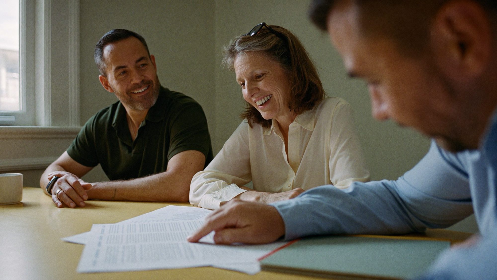 An advisor points to a page of paperwork while a couple in their mid fifties looks on, illustrating FEHB five-year rule planning for Robins AFB federal retirees